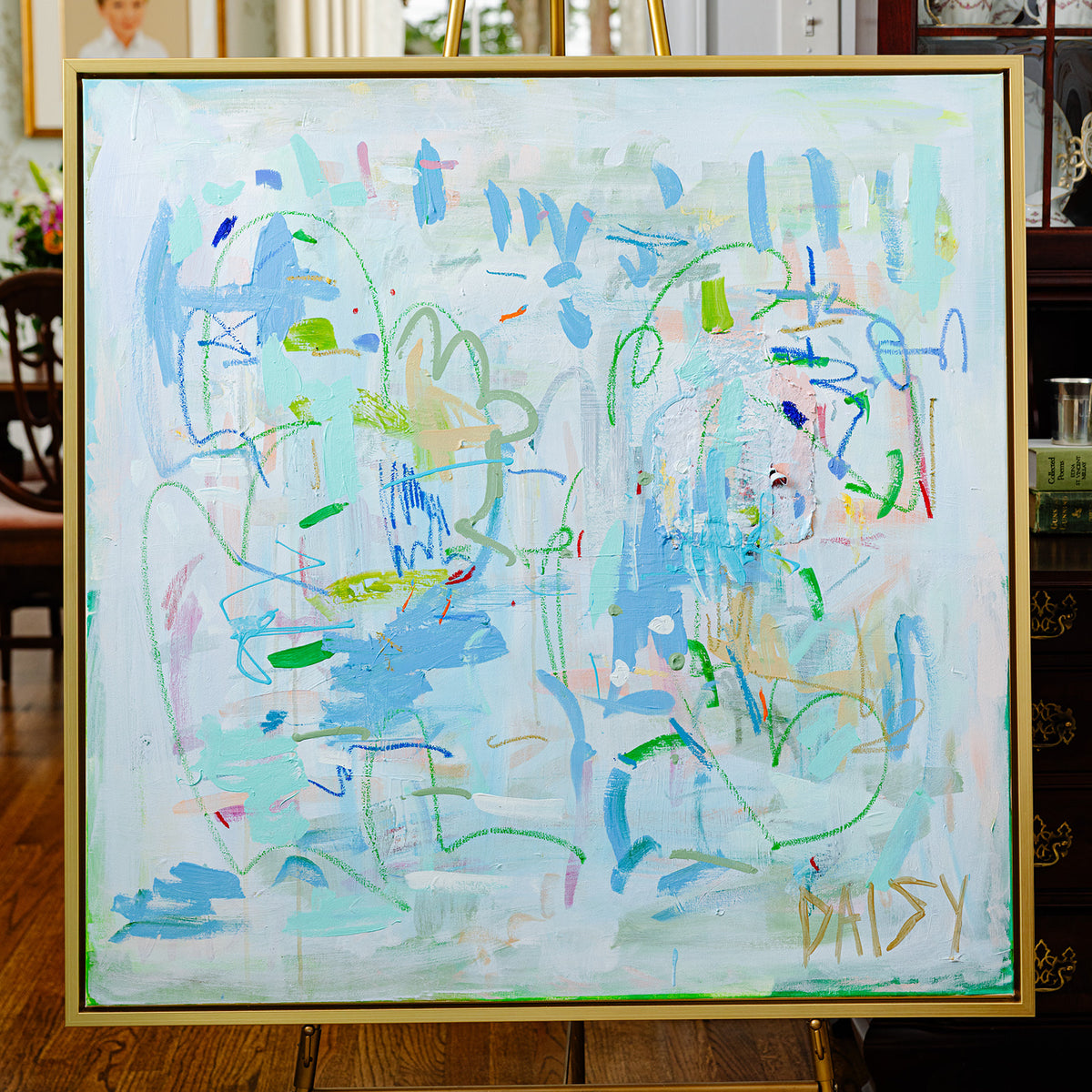 36x36 'Intuition' abstract painting by Megan Daisy Milner – original acrylic, oil pastel, and charcoal on canvas