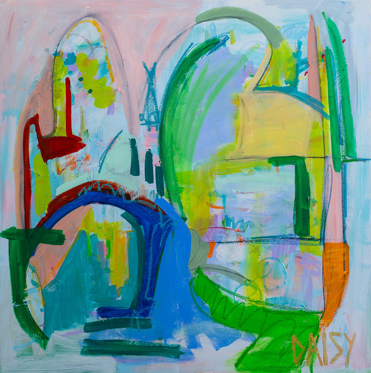 30x30 "Blockie Talkie" Original Abstract Painting by Megan Daisy Milner – Acrylic, oil pastel, and charcoal on canvas