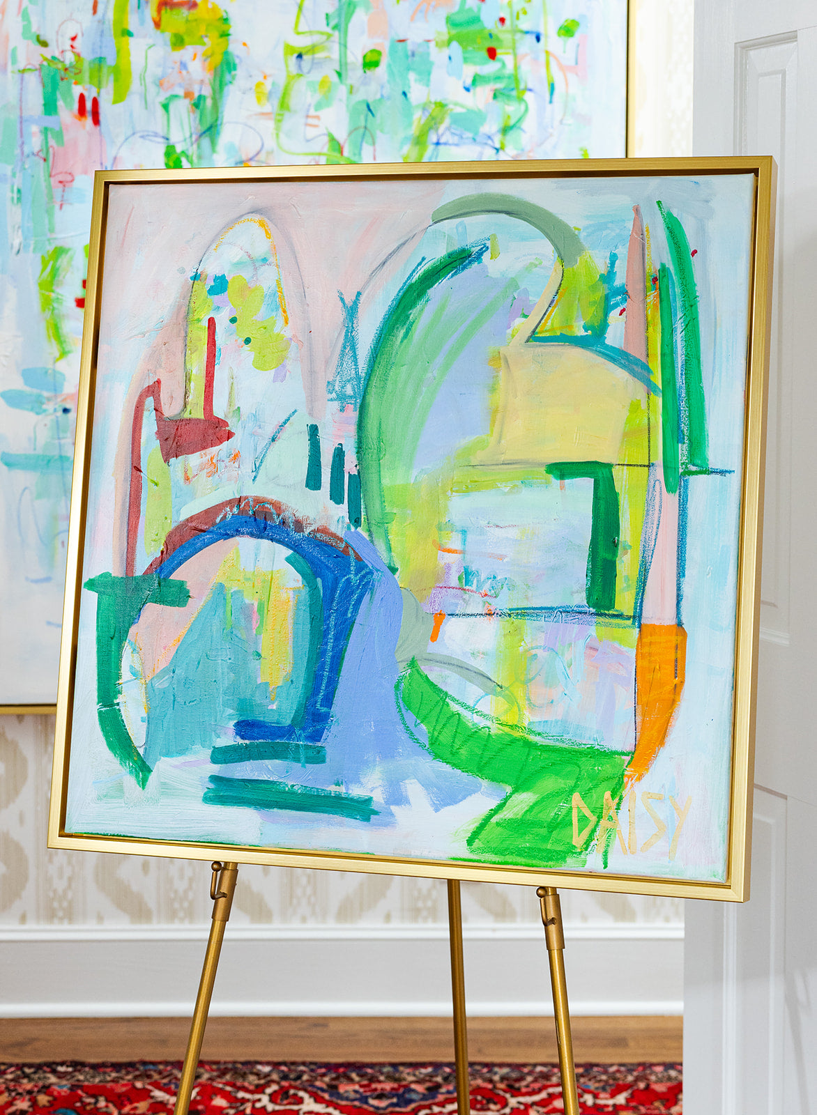 30x30 "Blockie Talkie" Original Abstract Painting by Megan Daisy Milner – Acrylic, oil pastel, and charcoal on canvas