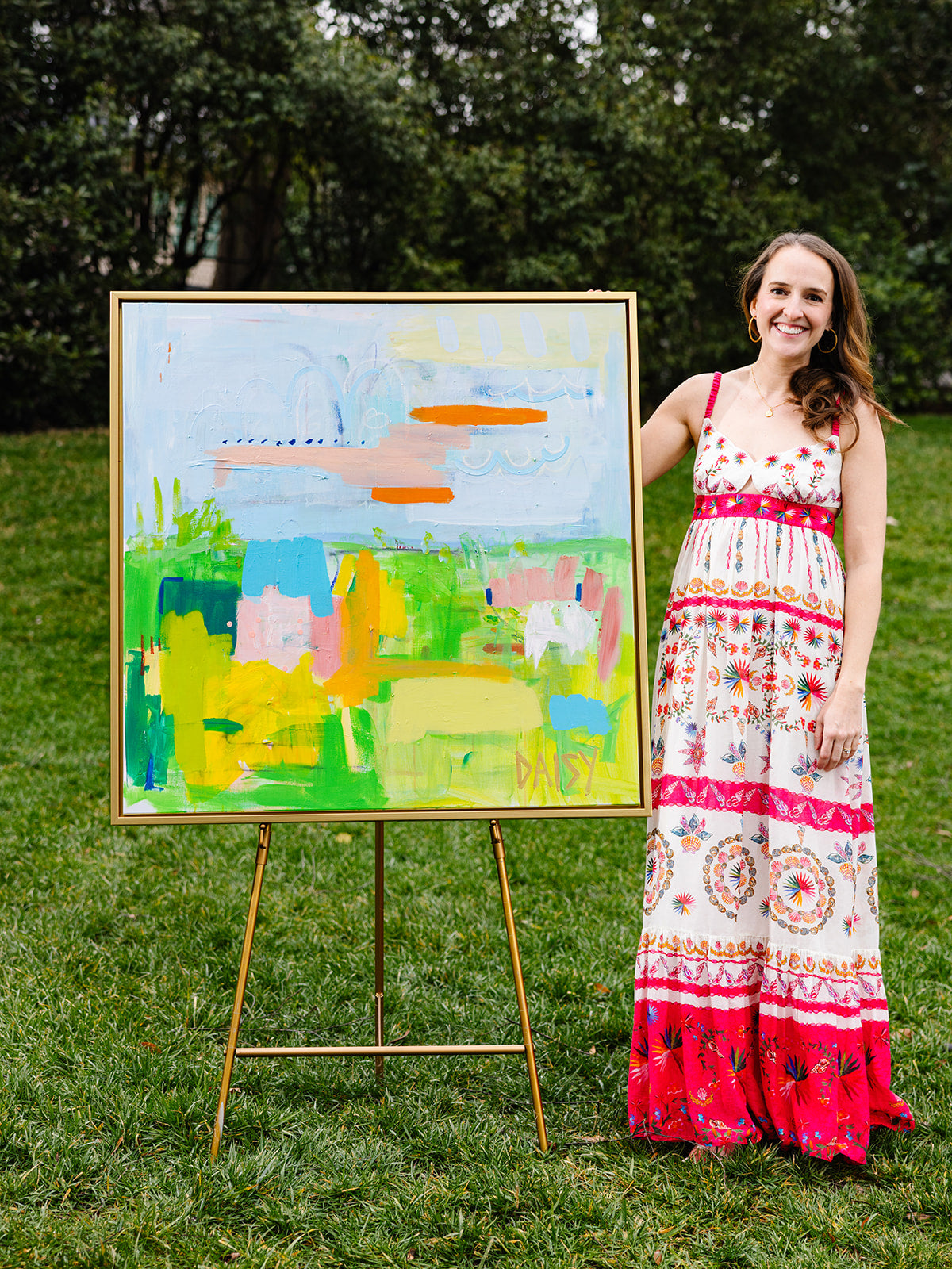 36x36 'Orange Skies and Pink Flowers' Original Abstract Painting by Megan Daisy Milner – Sold