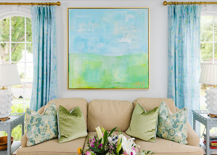 48x48 'Over the Horizon' original abstract painting by Megan Daisy Milner – acrylic and oil pastel on canvas