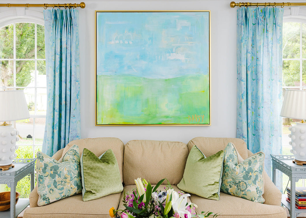 48x48 'Over the Horizon' original abstract painting by Megan Daisy Milner – acrylic and oil pastel on canvas