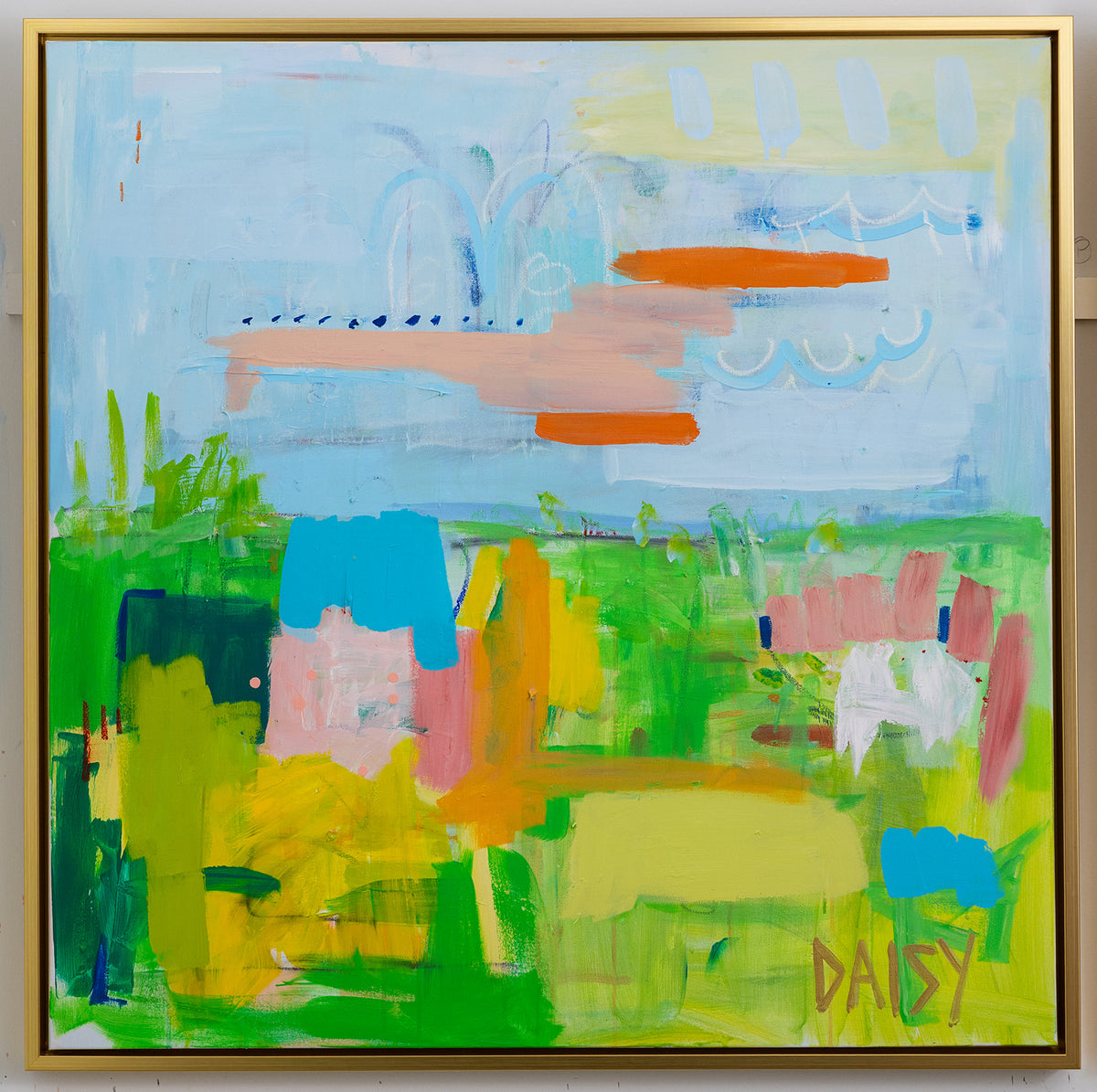 36x36 'Orange Skies and Pink Flowers' Original Abstract Painting by Megan Daisy Milner – Sold