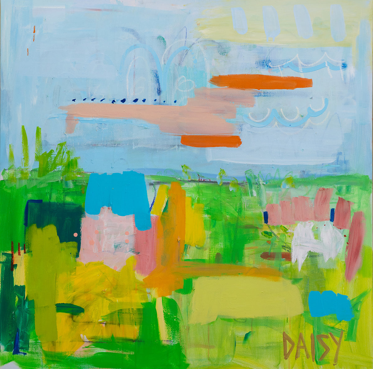 36x36 'Orange Skies and Pink Flowers' Original Abstract Painting by Megan Daisy Milner – Sold