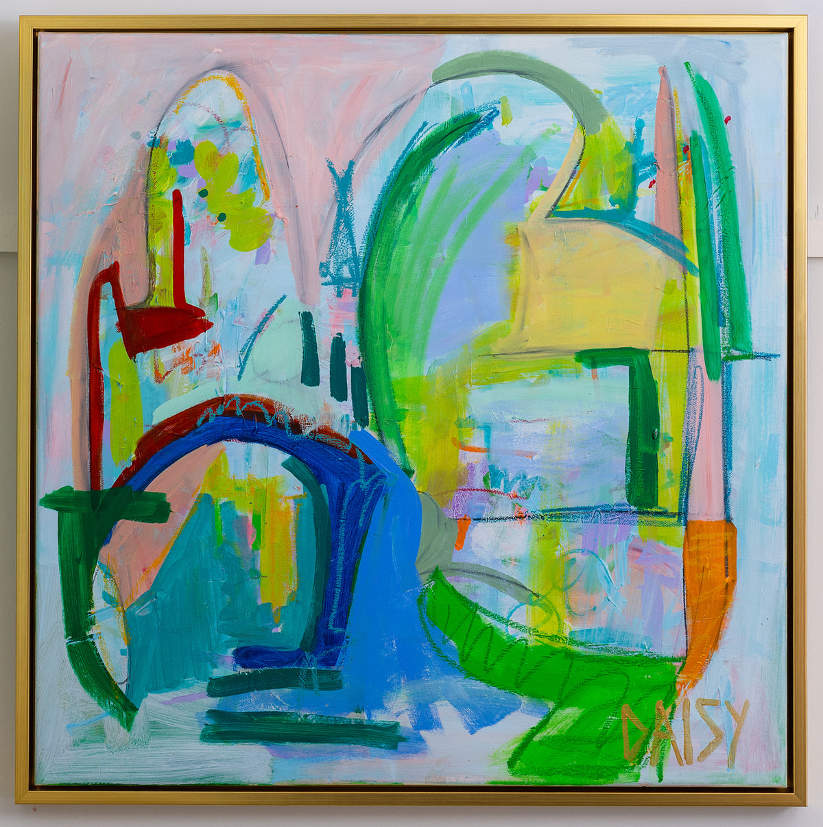 30x30 "Blockie Talkie" Original Abstract Painting by Megan Daisy Milner – Acrylic, oil pastel, and charcoal on canvas